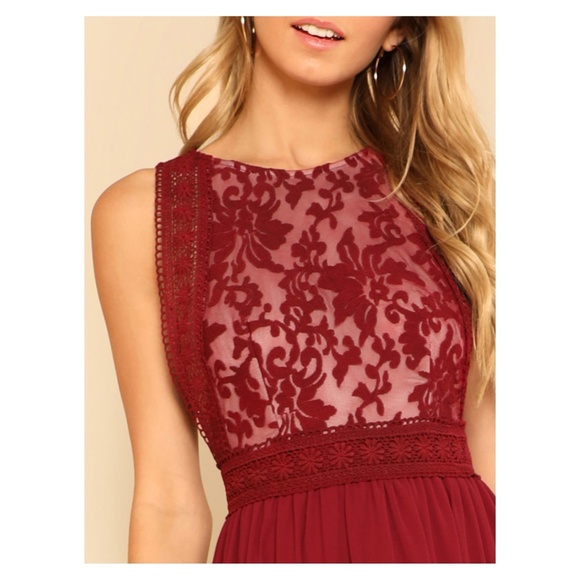 Burgundy Red Sleeveless Mesh Panel Maxi Dress - Picture 4 of 5